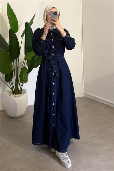 Düğmeli Kot Elbise - Koyu Kot