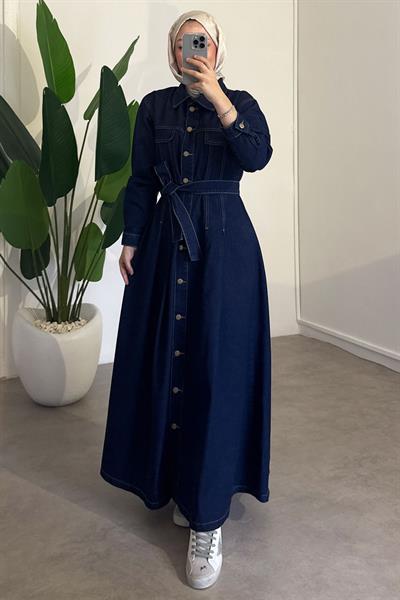 Düğmeli Kot Elbise - Koyu Kot