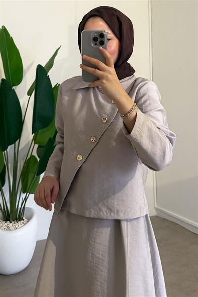 Düğmeli Modal Takım - Bej