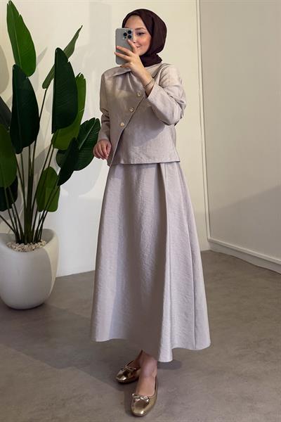 Düğmeli Modal Takım - Bej