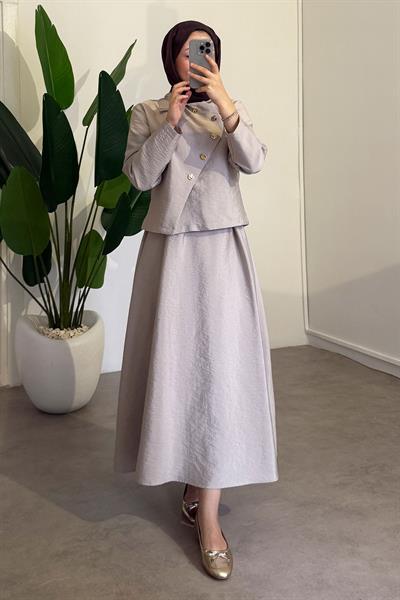 Düğmeli Modal Takım - Bej