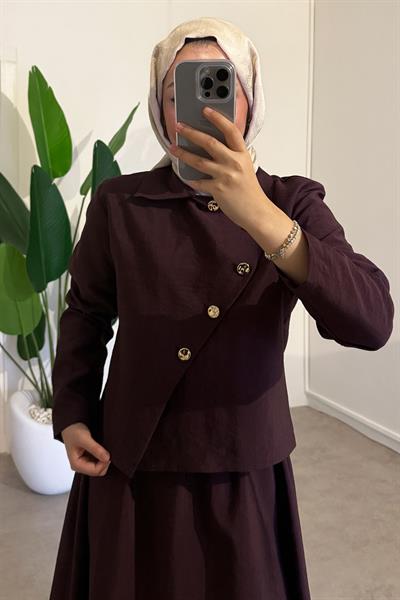 Düğmeli Modal Takım - Bordo