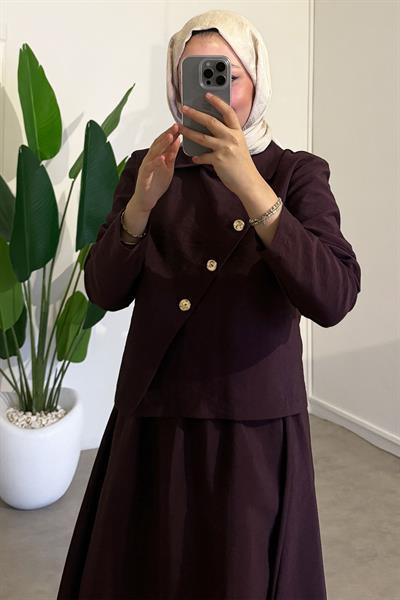 Düğmeli Modal Takım - Bordo