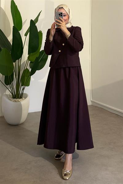 Düğmeli Modal Takım - Bordo