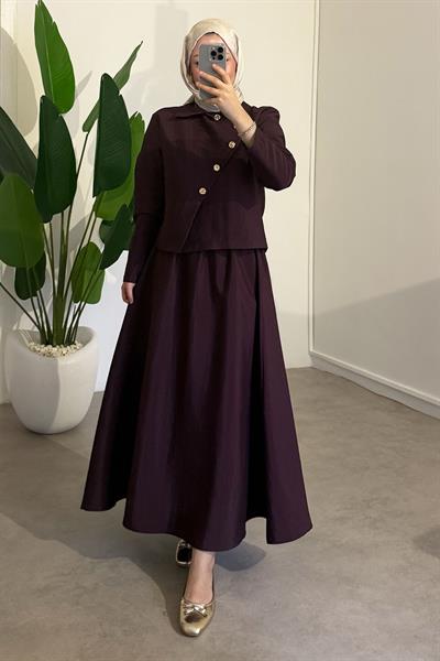 Düğmeli Modal Takım - Bordo