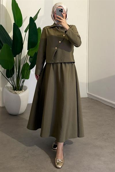 Düğmeli Modal Takım - Haki Yeşil