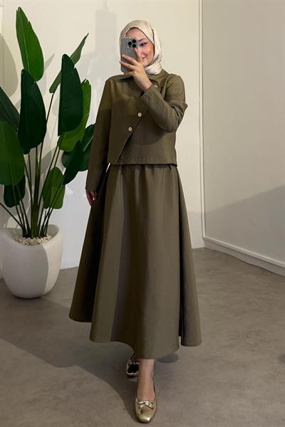 Düğmeli Modal Takım - Haki Yeşil