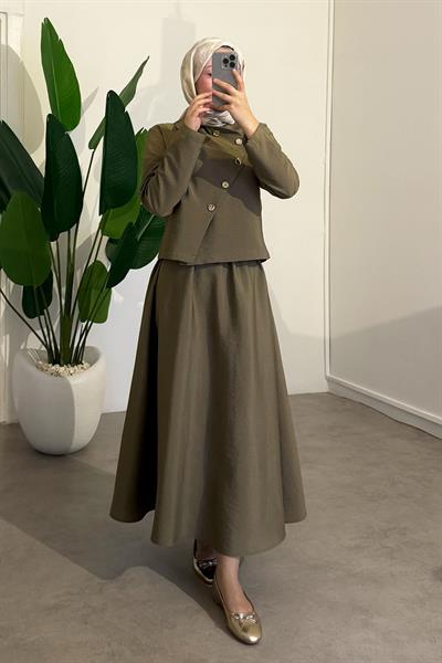 Düğmeli Modal Takım - Haki Yeşil