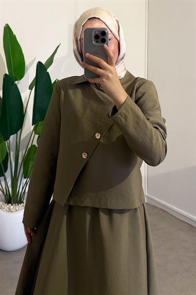 Düğmeli Modal Takım - Haki Yeşil