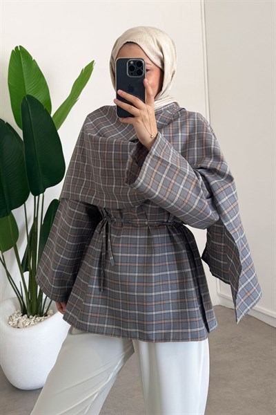 Düğmeli Panço Gömlek - Grı