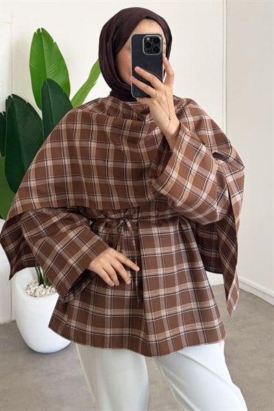 Düğmeli Panço Gömlek - Kahverengi