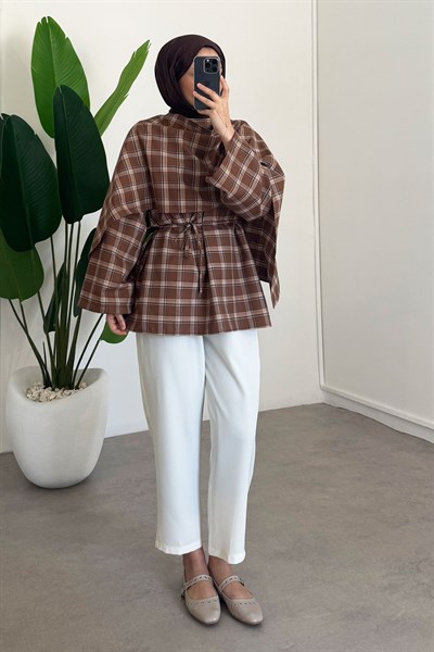 Düğmeli Panço Gömlek - Kahverengi