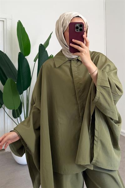 Düğmeli Panço Takım - Haki Yeşil