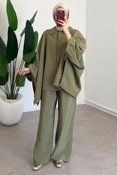Düğmeli Panço Takım - Haki Yeşil