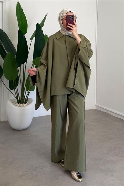 Düğmeli Panço Takım - Haki Yeşil