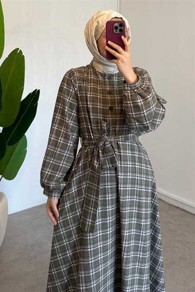 Ekose Elbise - Haki Yeşil