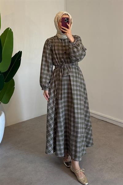 Ekose Elbise - Haki Yeşil