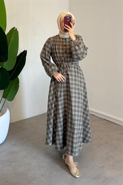 Ekose Elbise - Haki Yeşil