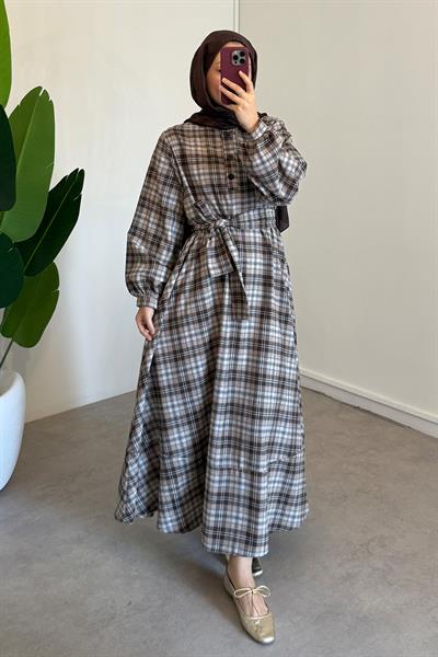 Ekose Elbise - Kahverengi