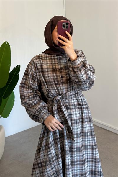 Ekose Elbise - Kahverengi