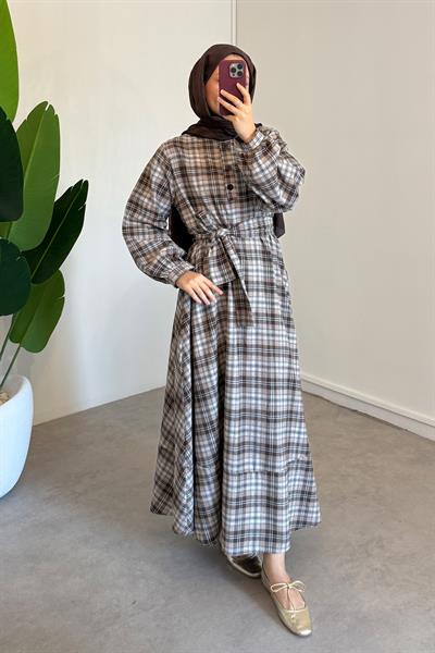 Ekose Elbise - Kahverengi