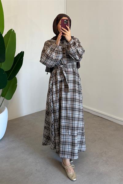 Ekose Elbise - Kahverengi