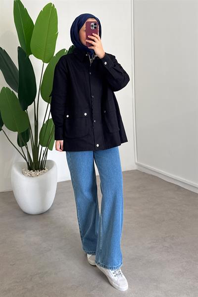 Ekose Garnili Ceket - Siyah