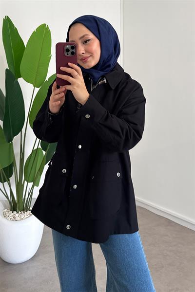 Ekose Garnili Ceket - Siyah