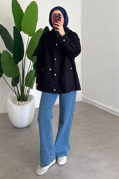 Ekose Garnili Ceket - Siyah