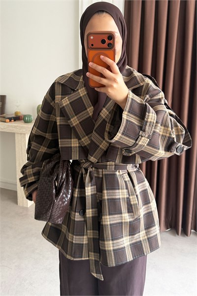 Ekose Oversize Trençkot - Kahverengi