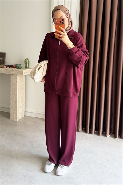 Fermuarlı Ceket Takım - Bordo