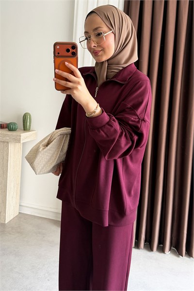 Fermuarlı Ceket Takım - Bordo