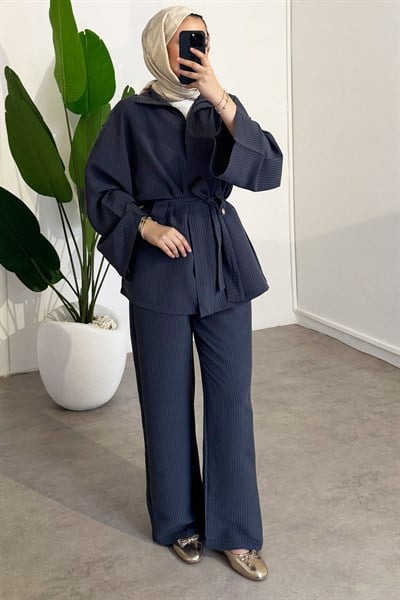 Fermuarlı Çizgili Takım - Antrast