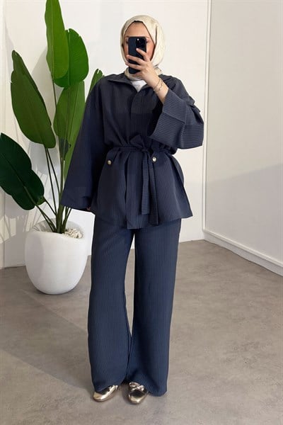 Fermuarlı Çizgili Takım - Antrast