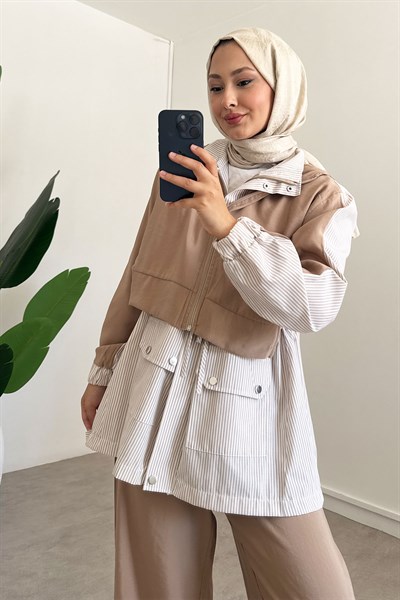 Fermuarlı Çizgili Takım - Bej