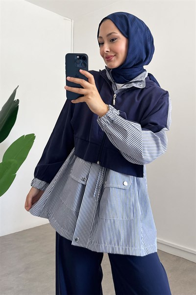 Fermuarlı Çizgili Takım - Lacivert
