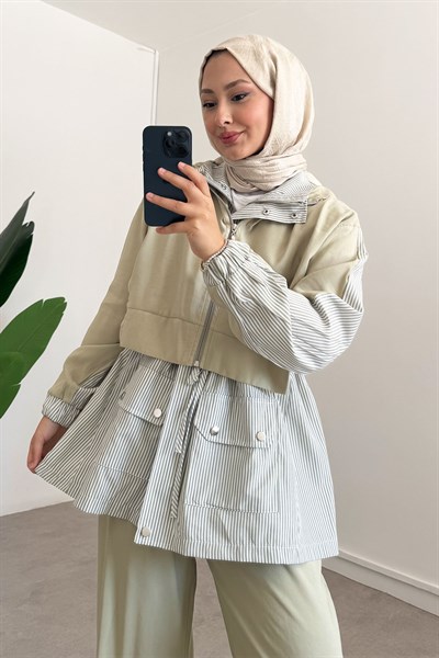 Fermuarlı Çizgili Takım - Olive