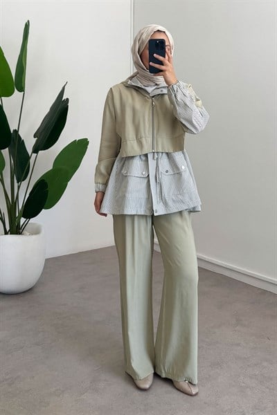 Fermuarlı Çizgili Takım - Olive