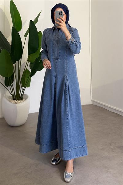 Fermuarlı Denim Elbise - Açık Kot