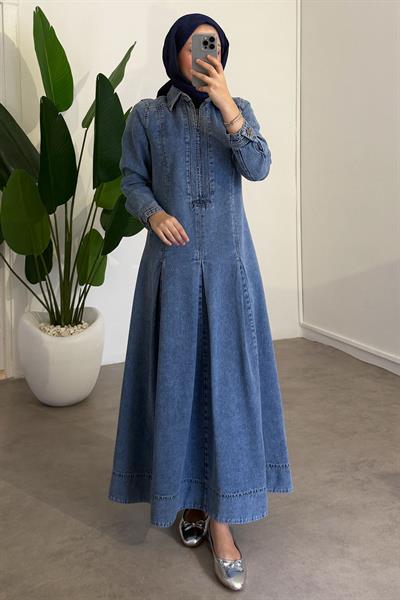 Fermuarlı Denim Elbise - Açık Kot