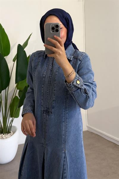Fermuarlı Denim Elbise - Açık Kot