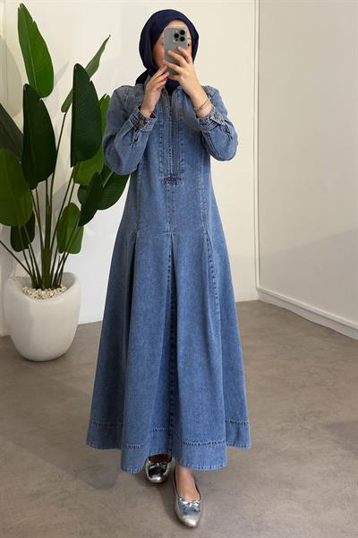 Fermuarlı Denim Elbise - Açık Kot
