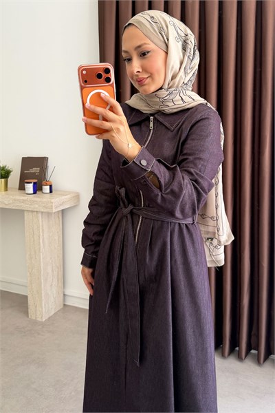 Fermuarlı Denim Elbise - Bordo