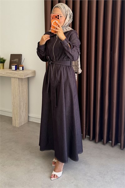 Fermuarlı Denim Elbise - Bordo