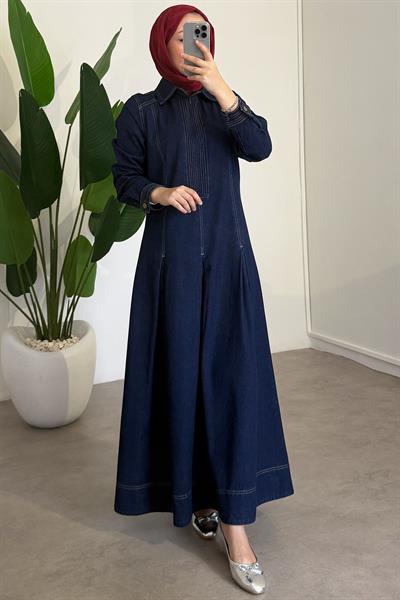 Fermuarlı Denim Elbise - Koyu Kot