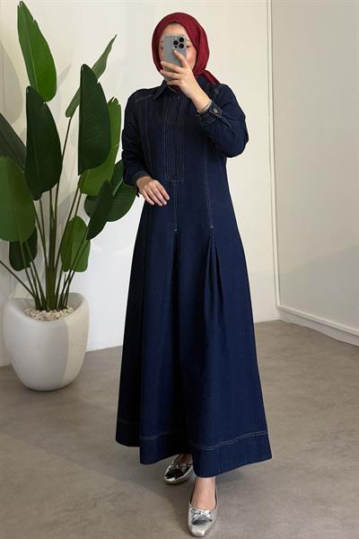 Fermuarlı Denim Elbise - Koyu Kot