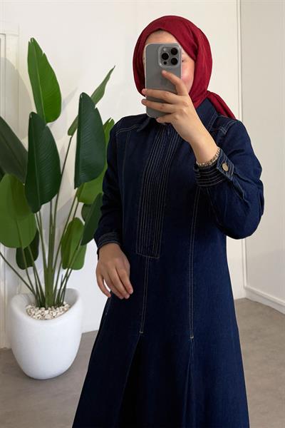 Fermuarlı Denim Elbise - Koyu Kot