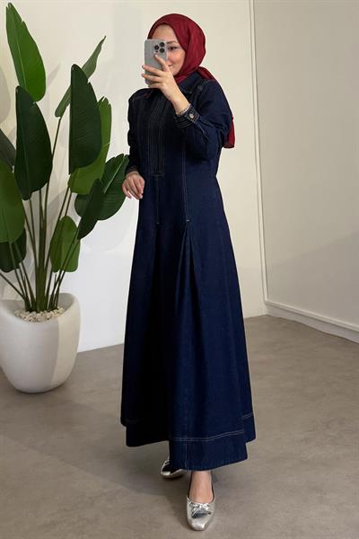 Fermuarlı Denim Elbise - Koyu Kot