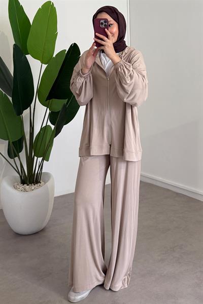 Fermuarlı Süprem Takım - Bej