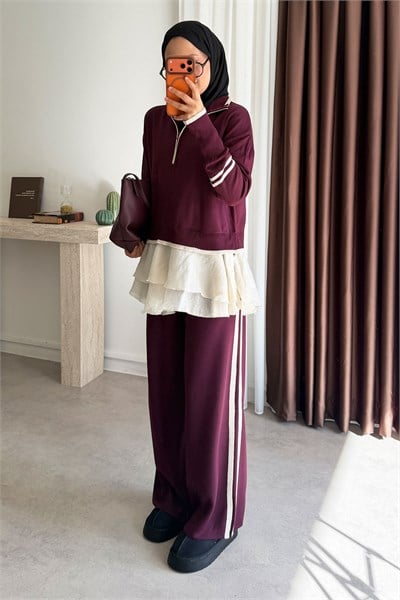 Fermuarlı Triko Takım - Bordo